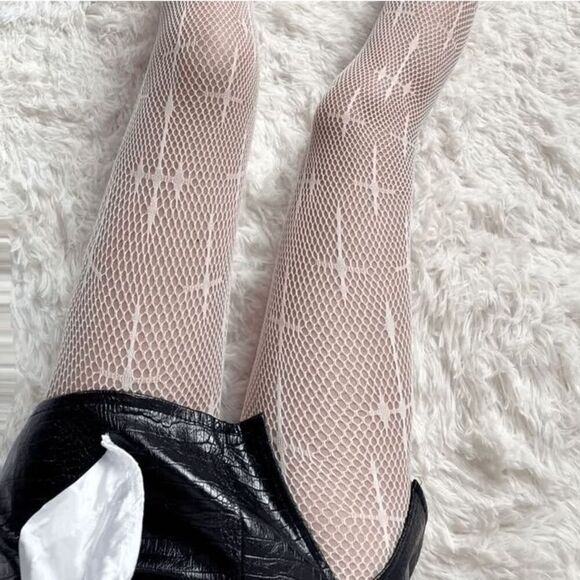 NWOT White Cross Print Fishnet Tights - One Size - Picture 1 of 1